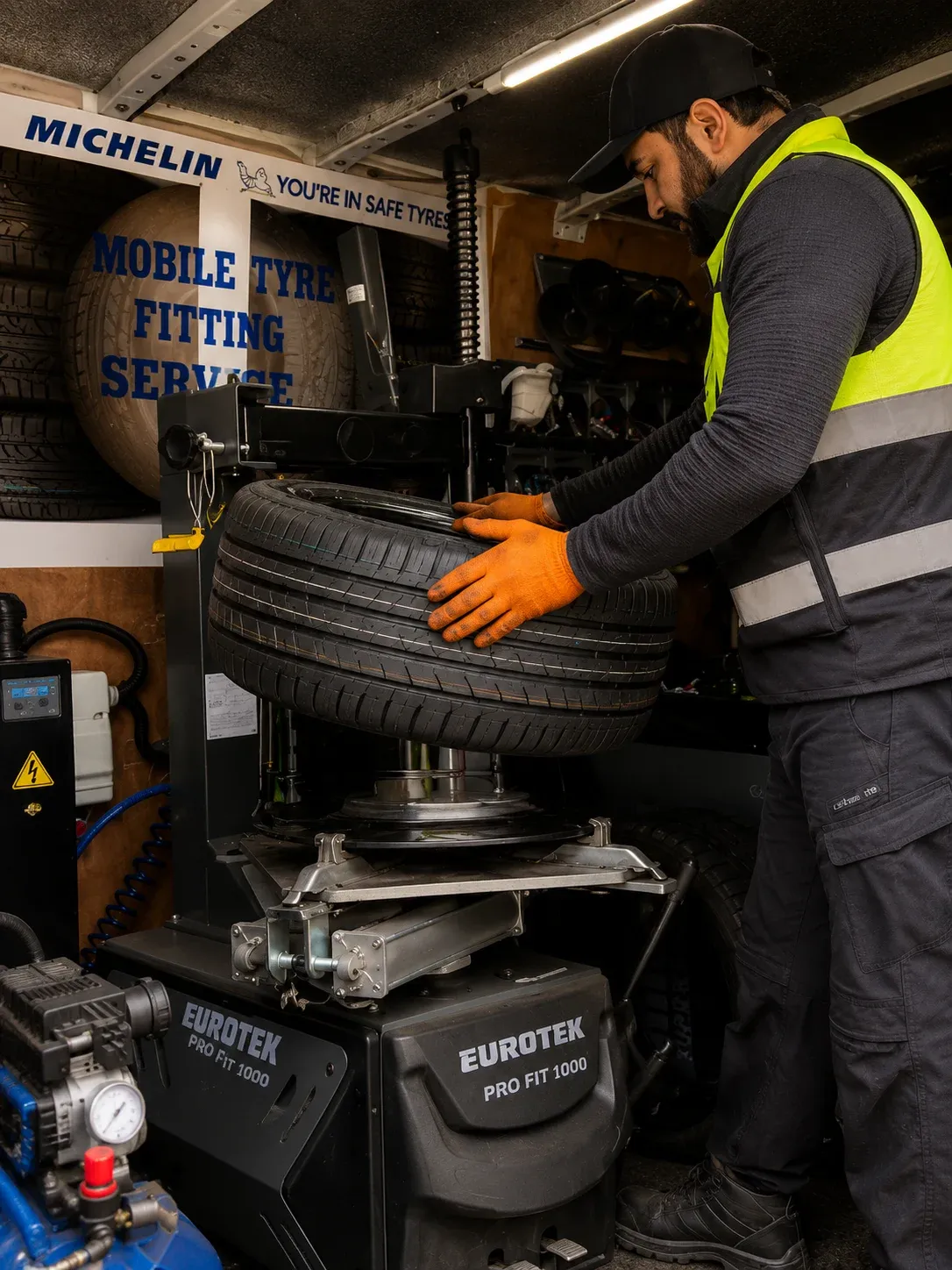 Mobile tyre fitting service van replacing a car tyre on-site